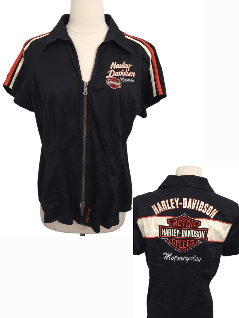 Harley Davidson Motorcycle Black Orange Short Sleeve Garage Zip Top- Women L